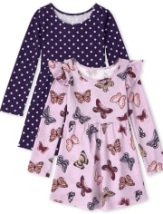 Lot de 2 robes de tous les jours à pois papillon pour petites filles