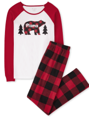 Womens Matching Family Bear Buffalo Plaid Cotton And Fleece Pajamas