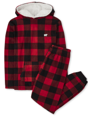 Unisex Adult Matching Family Bear Buffalo Plaid Fleece Pajamas