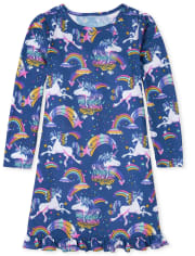 Chemise de nuit à volants et licorne arc-en-ciel pour fille