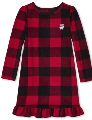 Girls Matching Family Bear Buffalo Plaid Fleece Nightgown