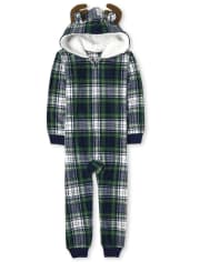Unisex Kids Matching Family Moose Plaid Fleece One Piece Pajamas