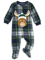 Unisex Baby And Toddler Matching Family Moose Plaid Fleece One Piece Pajamas