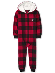 Kids Matching Family Bear Buffalo Plaid Fleece One Piece Pajamas