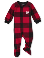 Unisex Baby And Toddler Matching Family Bear Buffalo Plaid Fleece One Piece Pajamas