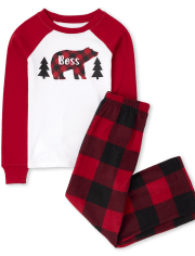 Kids Matching Family Bear Buffalo Plaid Snug Fit Cotton And Fleece Pajamas