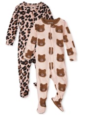 Baby And Toddler Girls Leopard Snug Fit Cotton One Piece Pajamas 2-Pack