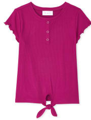 Girls Ribbed Tie Front Henley Top