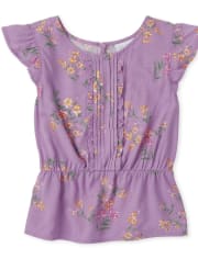 Girls Print Pintuck Ruffle Top