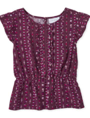 Girls Print Pintuck Ruffle Top