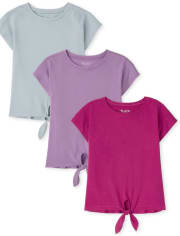 Paquete de 3 camisetas básicas a capas con lazo en la parte delantera para niñas