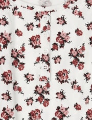 Top con cuello henley acanalado floral con lazo en el frente para niñas