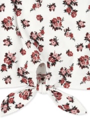 Top con cuello henley acanalado floral con lazo en el frente para niñas