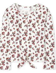 Top con cuello henley acanalado floral con lazo en el frente para niñas