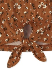 Girls Floral Ribbed Tie Front Henley Top