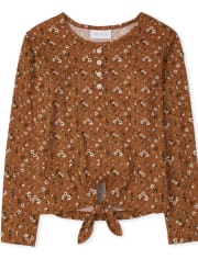 Girls Floral Ribbed Tie Front Henley Top