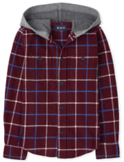 Boys Plaid Button Down Hooded Top