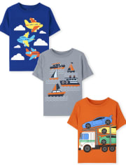 Paquete de 3 camisetas con gráfico de transporte para niños pequeños