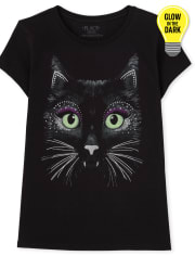 Girls Glow Black Cat Graphic Tee