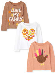 Paquete de 3 camisetas estampadas de otoño para niñas pequeñas