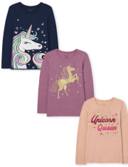 Lot de 3 t-shirts à imprimé licorne pour filles