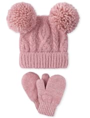 Toddler Girls Cable Knit Pom Pom Hat And Mittens Set