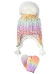 Conjunto de gorro y manoplas con pompones de punto trenzado para niñas pequeñas