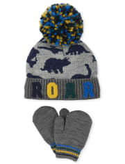 Toddler Boys Dino Pom Pom Hat And Mittens Set
