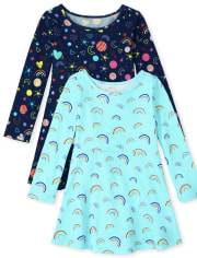Toddler Girls Rainbow Space Skater Dress 2-Pack