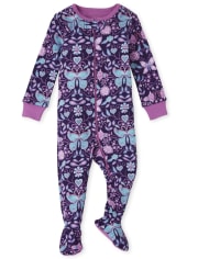 Pijama de una pieza de algodón con ajuste ceñido de mariposa para bebés y niñas pequeñas