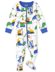 Pijamas de una pieza de algodón ajustados con dinosaurio de construcción para bebés y niños pequeños