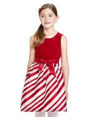 Girls Velour Striped Knit To Woven Dress