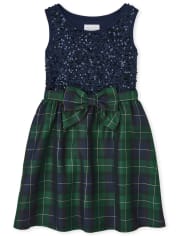 Girls Sequin Plaid Knit To Woven Dress