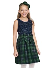Girls Sequin Plaid Knit To Woven Dress