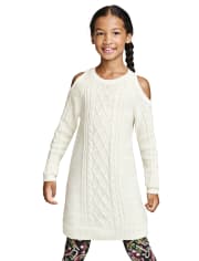 Girls Cable Knit Cold Shoulder Sweater Dress