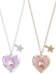 Girls Unicorn Heart Locket Necklace 2-Pack