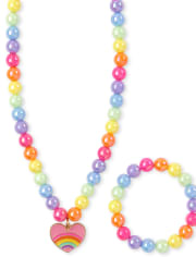 Girls Rainbow Heart Beaded Necklace And Bracelet Set