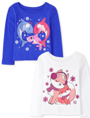 Paquete de 2 camisetas con estampado de animales para niñas pequeñas