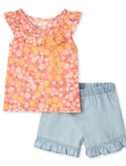 Conjunto de 2 piezas de cambray con volantes florales para niñas pequeñas