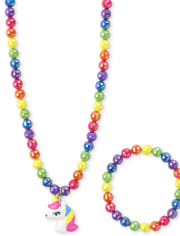 Girls Rainbow Unicorn Beaded Necklace And Bracelet Set