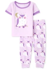 Pyjama en coton ajusté à motif hibou pailleté pour bébés et petites filles