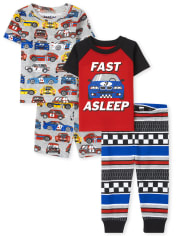 Paquete de 2 pijamas de algodón ajustados para bebés y niños pequeños que duermen rápido Racecar