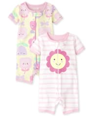 Baby And Toddler Girls Floral Striped Snug Fit Cotton One Piece Pajamas 2-Pack