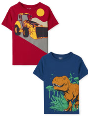 Paquete de 2 camisetas con gráfico de vehículo y dinosaurio para bebés y niños pequeños