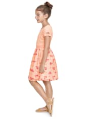 Girls Floral Ribbed Knit To Woven Dress