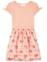 Girls Floral Ribbed Knit To Woven Dress