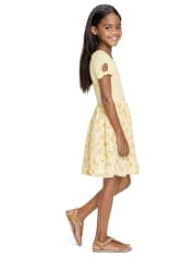 Girls Floral Ribbed Knit To Woven Dress
