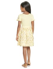 Girls Floral Ribbed Knit To Woven Dress