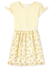 Girls Floral Ribbed Knit To Woven Dress