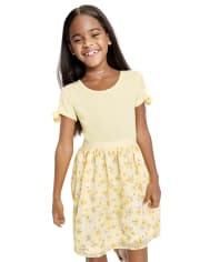 Girls Floral Ribbed Knit To Woven Dress